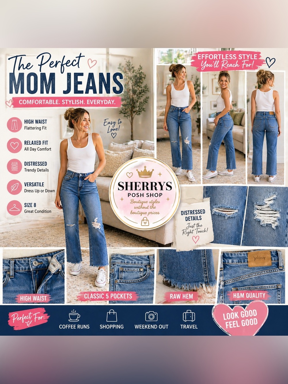 H&M Mom Jeans Womens Size 8 High Waisted Distressed Blue Denim Trendy